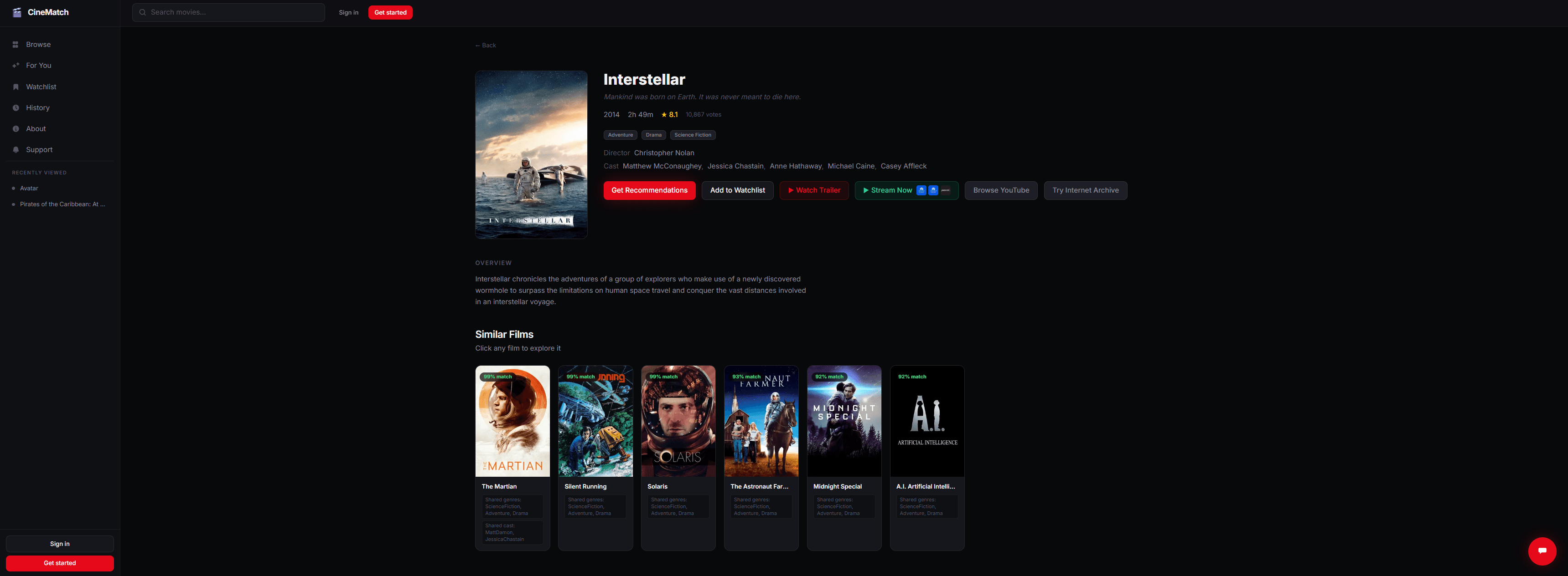 Movie detail page — full info, recommendations, streaming links