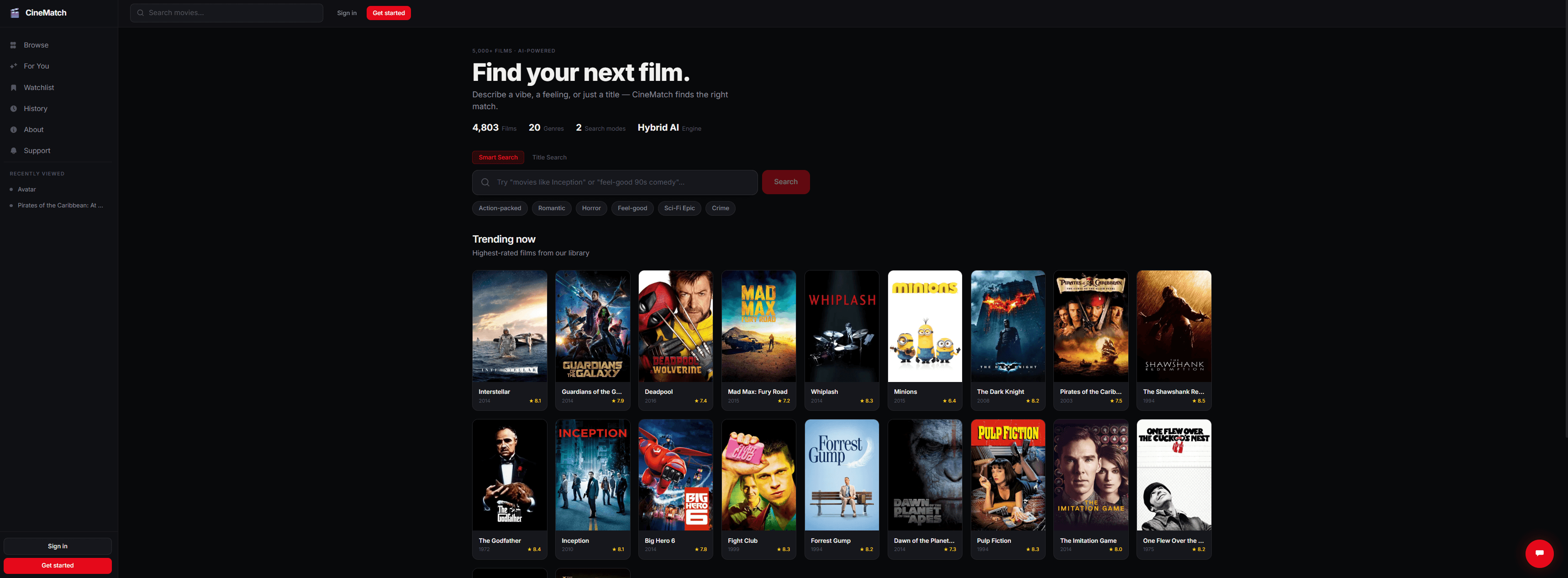 CineMatch homepage — AI-powered movie discovery with smart search