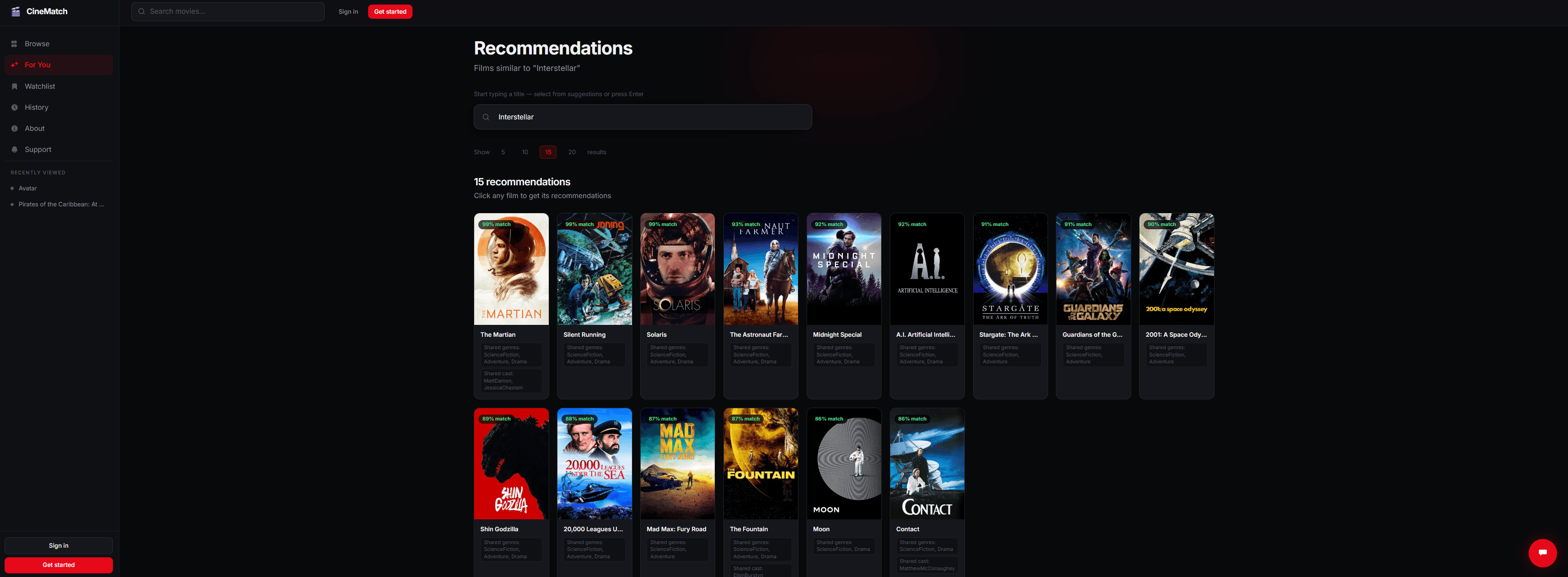 Recommendations grid — 20 AI-matched films with match percentages